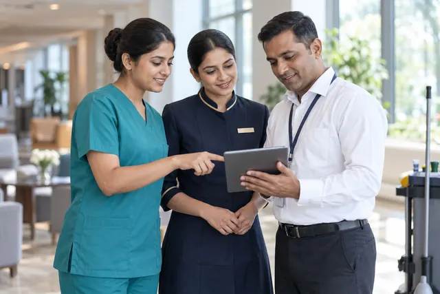 Illustrative service colleagues coordinating over a tablet